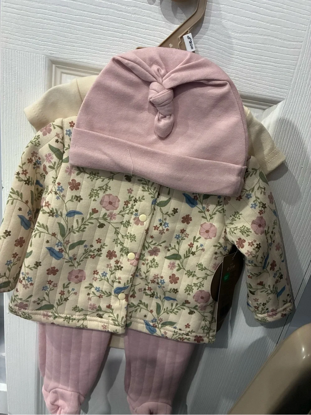 Pink Knot Baby Beanie with Floral Quilted Jacket Set